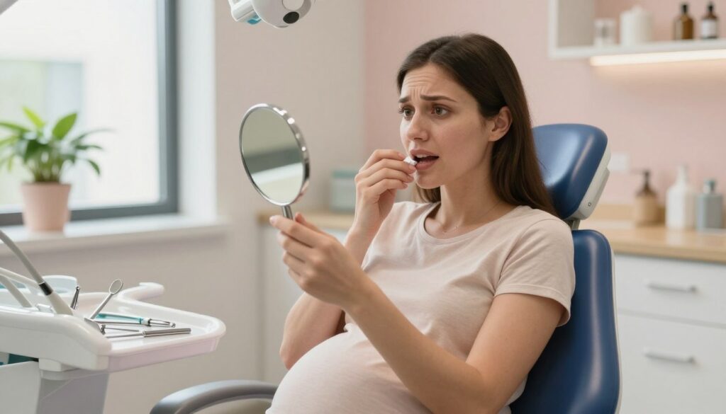 A pregnant woman, softly illuminated by natural light streaming through a window, is sitting in a cozy, serene dental office. She has a gentle expression, reflecting concern as she examines her gums in a mirror. In the foreground, focus on her hands holding the mirror, drawing attention to her caring demeanor. The middle ground features dental tools neatly arranged on a table beside her, suggesting a clean and professional environment. In the background, there are calming decorations like green plants and pastel-colored walls, enhancing the comforting atmosphere. The image should convey a sense of reassurance and professionalism, with warm, soft lighting that emphasizes the woman's thoughtful gaze. A pregnant woman, softly illuminated by natural light streaming through a window, is sitting in a cozy, serene dental office. She has a gentle expression, reflecting concern as she examines her gums in a mirror. In the foreground, focus on her hands holding the mirror, drawing attention to her caring demeanor. The middle ground features dental tools neatly arranged on a table beside her, suggesting a clean and professional environment. In the background, there are calming decorations like green plants and pastel-colored walls, enhancing the comforting atmosphere. The image should convey a sense of reassurance and professionalism, with warm, soft lighting that emphasizes the woman's thoughtful gaze.