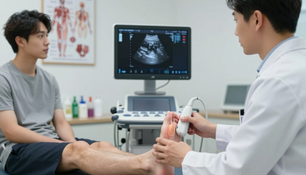 A professional healthcare setting showcasing Achilles tendon diagnostics. In the foreground, a healthcare professional wearing a white lab coat examines a patient’s ankle with a focus on the Achilles tendon, using a handheld ultrasound device to visualize the tendon’s structure. The patient, dressed in comfortable athletic wear, appears focused and engaged. In the middle, a digital display of the ultrasound screen shows detailed images of the Achilles tendon, highlighting any abnormalities. In the background, medical posters on anatomy are visible, along with various medical instruments neatly organized on a counter. Soft, even lighting illuminates the scene, creating a calm and professional atmosphere, with a slight depth-of-field effect to emphasize the interaction between the doctor and patient.