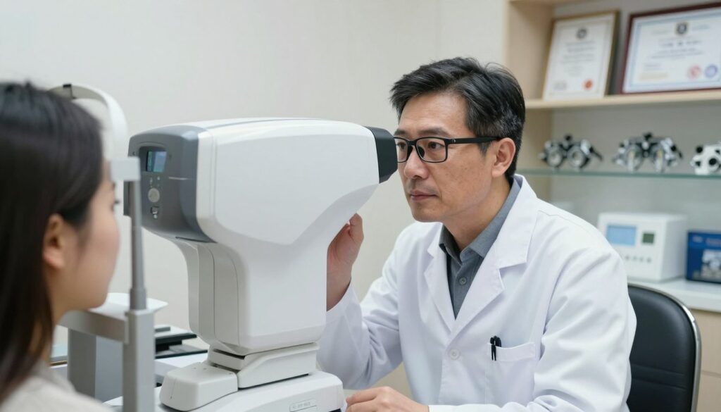 A professional optometrist in a modern clinic, examining a patient's eyes with advanced laser technology in the foreground. The optometrist, a middle-aged individual wearing a lab coat and glasses, is focused and engaged, showcasing expertise and care. The middle ground features a sleek laser correction machine, illuminated by bright, clinical lighting, emphasizing the advanced technology. In the background, soft-focus shelves display eye care instruments and framed certificates, creating a professional and reassuring atmosphere. The overall mood conveys a sense of trust and knowledge, with bright, clear lighting highlighting the importance of eye health. The angle is slightly angled down to capture the interaction between the optometrist and the patient, enhancing the sense of collaboration in eye care.