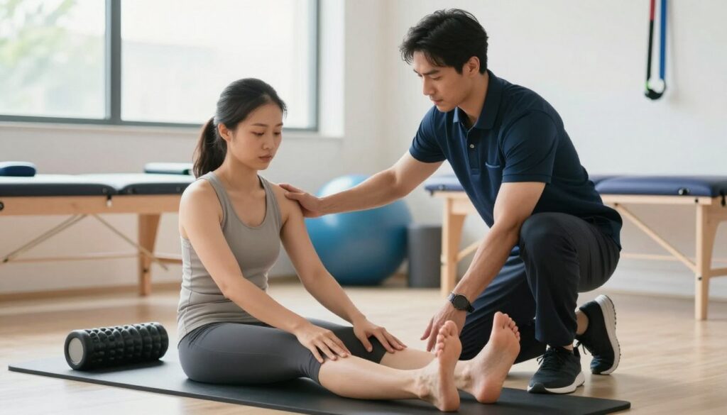 A professional physical therapist demonstrating rehabilitation techniques for Achilles tendon recovery. In the foreground, the therapist, dressed in a smart polo shirt and athletic pants, gently guides a patient through stretching exercises. The patient, wearing modest athletic clothing, is seated on an exercise mat, focused on their movements. The middle ground shows exercise equipment like resistance bands and foam rollers, symbolizing rehabilitation tools. The background features a modern physiotherapy clinic with bright, natural lighting filtering through large windows, creating a warm and encouraging atmosphere. The scene conveys hope and determination, showcasing the importance of physical therapy in Achilles tendon healing and mobility restoration.