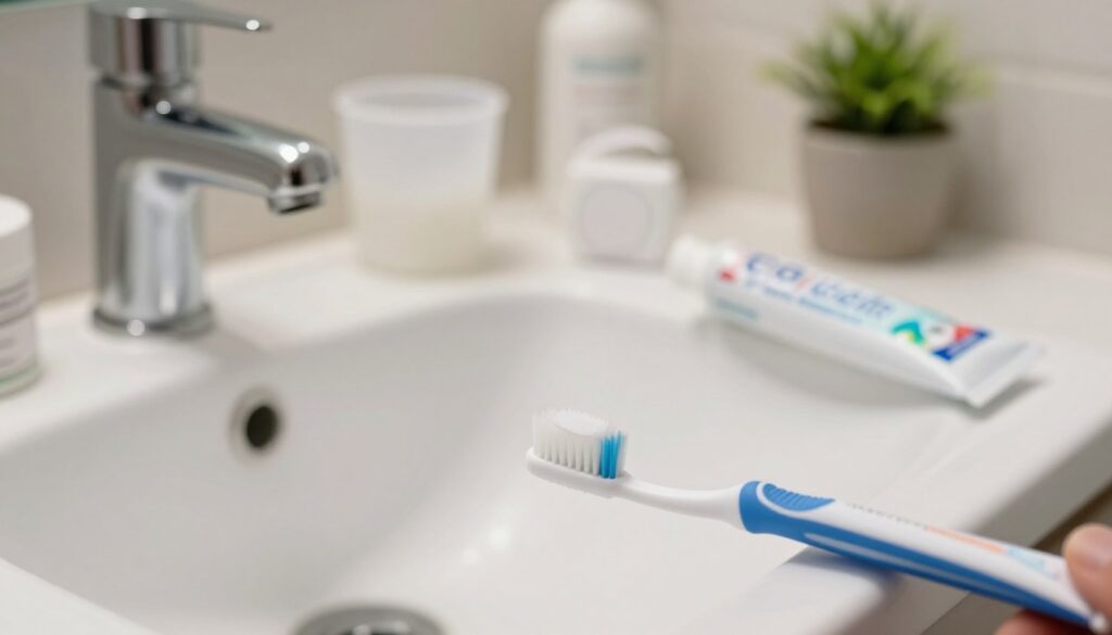 A serene dental care setting, focusing on oral hygiene practices essential for healing gum wounds. In the foreground, a close-up of a toothbrush with soft bristles and a tube of toothpaste, angled slightly for a dynamic view. The middle ground features an open, brightly lit bathroom sink area with a cup for rinsing, and dental floss next to an instructional pamphlet on gum care. The background is softly blurred, showcasing tasteful, calming decor like a small potted plant and gentle lighting that creates a soothing atmosphere. The overall mood is one of cleanliness and health, promoting a peaceful approach to daily oral hygiene practices that encourage healing and decrease infection risk. A serene dental care setting, focusing on oral hygiene practices essential for healing gum wounds. In the foreground, a close-up of a toothbrush with soft bristles and a tube of toothpaste, angled slightly for a dynamic view. The middle ground features an open, brightly lit bathroom sink area with a cup for rinsing, and dental floss next to an instructional pamphlet on gum care. The background is softly blurred, showcasing tasteful, calming decor like a small potted plant and gentle lighting that creates a soothing atmosphere. The overall mood is one of cleanliness and health, promoting a peaceful approach to daily oral hygiene practices that encourage healing and decrease infection risk.