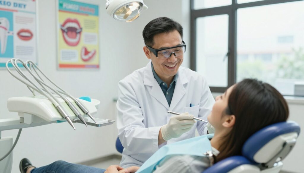 A serene dental clinic interior, focusing on a smiling dentist wearing a professional dental coat and safety glasses, gently examining a patient reclining in a dental chair. The foreground features dental tools neatly arranged on a tray, while the middle section highlights the dentist's engaged expression and the patient’s relaxed demeanor. Soft, natural lighting illuminates the room, creating a calm atmosphere. In the background, colorful dental posters on the walls showcase oral health tips, and a large window lets in gentle daylight, enhancing the inviting environment. This image should convey professionalism, care, and the importance of consulting a dentist for dental issues, embodying a reassuring atmosphere for patients seeking help.