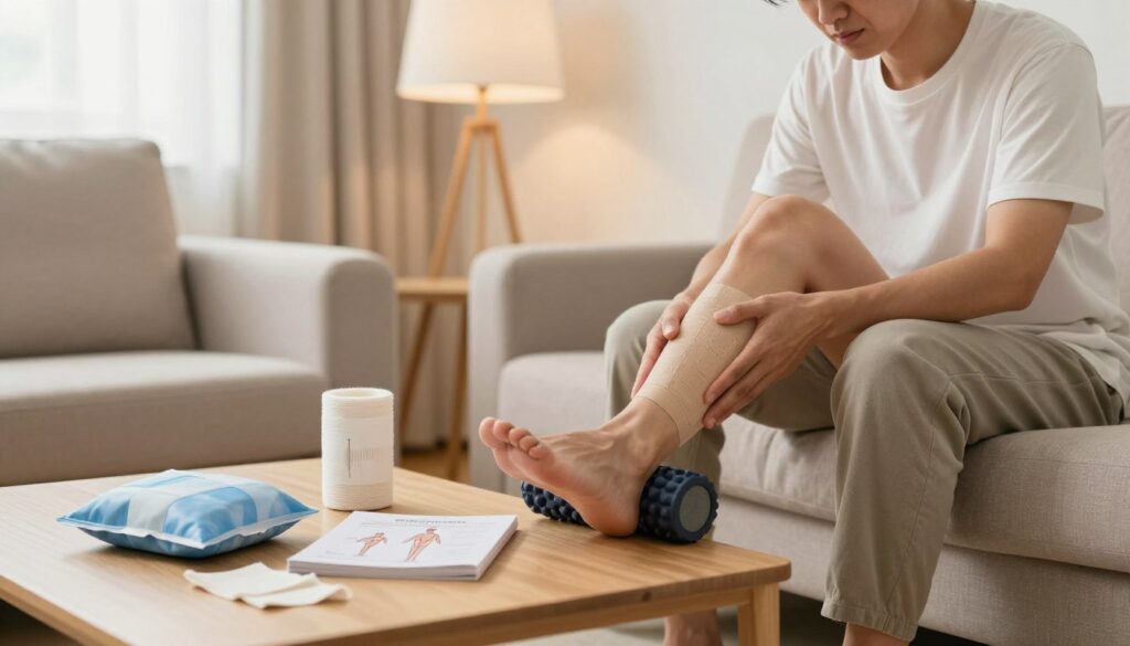 A serene home environment focused on conservative treatment for Achilles tendon injuries. In the foreground, a person in modest casual clothing sits on a comfortable couch, gently massaging their calf with a foam roller. They have a pained but determined expression, indicating the effort of self-care. In the middle, various rehabilitation tools are neatly displayed on a coffee table, including an ice pack, compression bandage, and a guidebook with diagrams of stretches. The background features soft lighting from a lamp, and a window with light curtains allowing natural daylight to filter in, creating a warm and inviting atmosphere. The overall scene conveys a sense of hope and proactive healing, emphasizing a peaceful home space dedicated to recovery.