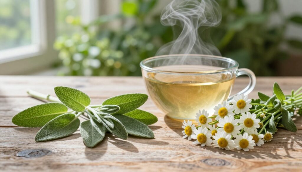 A serene, inviting composition showcasing sage and chamomile, oriented on a rustic wooden table. In the foreground, fresh sage leaves wilt gently beside bright chamomile flowers, their delicate white petals contrasting against the vivid green. Soft morning light filters through a nearby window, casting gentle shadows that enhance the textures of the herbs. In the middle ground, a small glass bowl filled with warm, herbal tea made from both plants sits invitingly, steam gently rising, hinting at their soothing properties. In the background, a blurred botanical garden scene featuring lush greenery enhances the natural atmosphere. The mood is calm and tranquil, perfect for illustrating the healing qualities of these herbs for gum health.