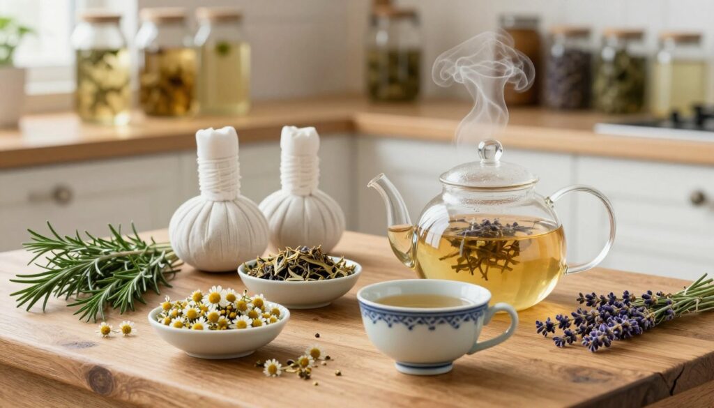 A serene kitchen setting bathed in soft, natural light, featuring a rustic wooden table adorned with various fresh herbs known for their eye health benefits, such as chamomile, rosemary, and lavender. In the foreground, a glass teapot is steaming, surrounded by small bowls of dried herbs ready for infusions. A delicate blue and white porcelain cup holds a freshly brewed herbal tea. In the background, shelves lined with jars of herbal solutions create an inviting atmosphere. The focus is on the preparation of herbal remedies: infusion, compresses, and rinses. The overall mood is calming and holistic, evoking a sense of well-being and natural healing. A warm, inviting ambiance that encourages the viewer to explore the benefits of herbs for eye care.