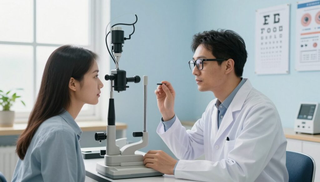 A serene, well-lit consulting room with a professional optometrist in modest business attire, examining a young adult patient wearing sleek, modern eyewear. In the foreground, the optometrist is discussing visual clarity, surrounded by advanced diagnostic equipment like an eye chart and a phoropter. The middle ground features a calming color palette of soft blues and whites, with charts and diagrams about eye health on the walls. In the background, a large window allows natural light to flood in, creating an inviting atmosphere. The scene captures a sense of hope and assurance, symbolizing the lasting effects of vision correction and the importance of ongoing eye care. Emphasize bright, natural lighting with a slight focus blur, evoking a sense of clarity and future vision.