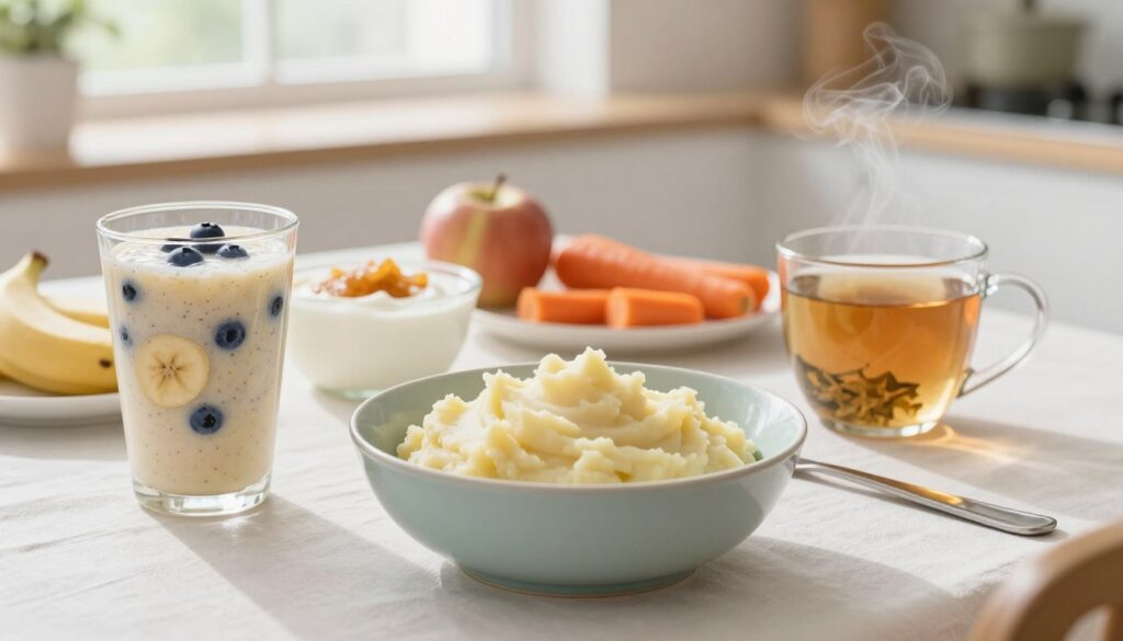 A serene, well-lit kitchen table set for a post-dental extraction meal. In the foreground, a soft bowl of creamy mashed potatoes and a blended fruit smoothie with bananas and blueberries, showcasing a gentle color palette. A cozy mug filled with herbal tea sits nearby, steam rising. In the middle ground, a variety of soft, healthy foods like yogurt, applesauce, and pureed carrots are arranged aesthetically on a clean, white tablecloth. The background features a softly blurred window with natural light streaming in, creating a warm and inviting atmosphere. The image conveys a sense of comfort and care, emphasizing a diet suitable for healing gums after dental surgery.