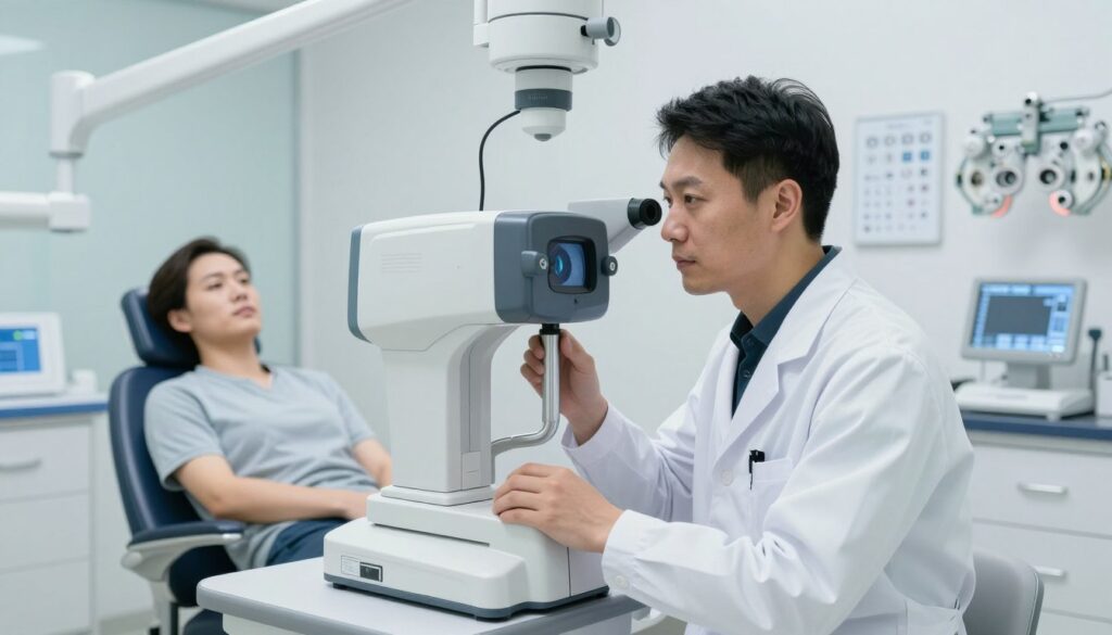 A sterile and modern ophthalmology clinic interior, capturing the essence of laser eye surgery. In the foreground, a professional-looking ophthalmologist in a lab coat examines a high-tech laser eye surgery machine, with a focused expression. In the middle ground, a patient sits in an adjustable chair, looking relaxed yet anticipative, under soft, bright clinical lighting. The background reveals an array of medical equipment and eye charts, with clean lines and a calming color palette of whites and blues. The atmosphere is one of professionalism and reassurance, highlighting the medical reasons why even eye specialists may be cautious about laser eye corrections. Shot with a shallow depth of field to ensure a crisp focus on the subjects.