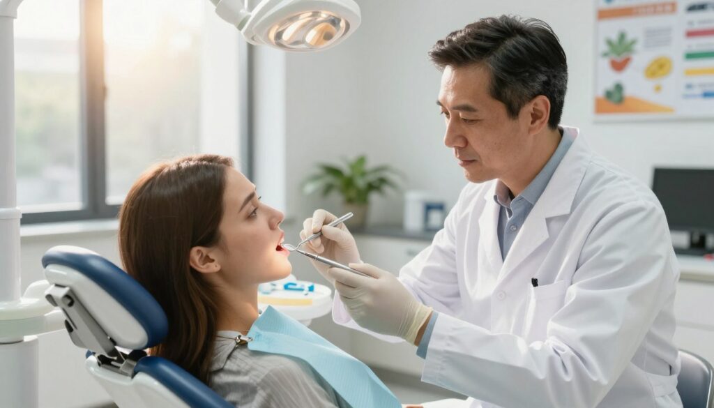 A thoughtful dental consultation setting, featuring a dentist in a white coat, examining a patient's teeth with a dental tool, in a well-lit modern dental office. The dentist, a middle-aged man with short dark hair, wears professional attire. The patient, a young woman with long brown hair, sitting in a dental chair, appears anxious yet hopeful. Soft natural light filters through a large window, casting a warm glow on the tools and equipment. In the background, dental posters and plants create an inviting atmosphere. The mood is one of professionalism, comfort, and the importance of seeking expert advice when herbal remedies are insufficient for dental care. Capture the scene from a slightly elevated angle to emphasize the interaction between the dentist and patient, ensuring clarity and focus on their facial expressions.