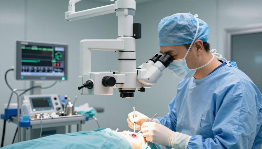 A visually detailed scene of a cataract surgery in a modern operating room. In the foreground, a skilled surgeon in professional medical attire is focused on the delicate procedure, using advanced surgical instruments. The middle ground features a high-tech surgical microscope, illuminating the area with soft, bright light to enhance visibility. Behind, the sterile surgical environment shows clean, organized instruments and monitors displaying patient vitals. The lighting is bright yet soft, creating a calm and professional atmosphere. The mood conveys meticulous care and precision, emphasizing the importance of eye health and advanced technology in cataract surgeries.