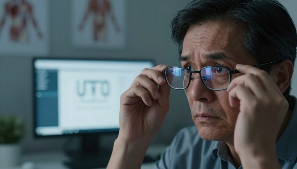 A visually striking depiction of the alarming experience of sudden vision deterioration. In the foreground, a middle-aged person with a concerned expression holds their glasses, gazing at a blurred vision in a dimly lit room. Their eyes reflect anxiety, showcasing a sense of urgency. In the middle ground, a blurred image of a computer screen with unreadable text symbolizes confusion and distress. The background features a softly illuminated medical office, with anatomical diagrams on the wall, hinting at a professional consultation. The overall mood is tense, emphasizing the importance of prompt medical attention. The lighting is soft yet dramatic, capturing the seriousness of the situation, and the image is shot from a slightly elevated angle to enhance the feeling of vulnerability.