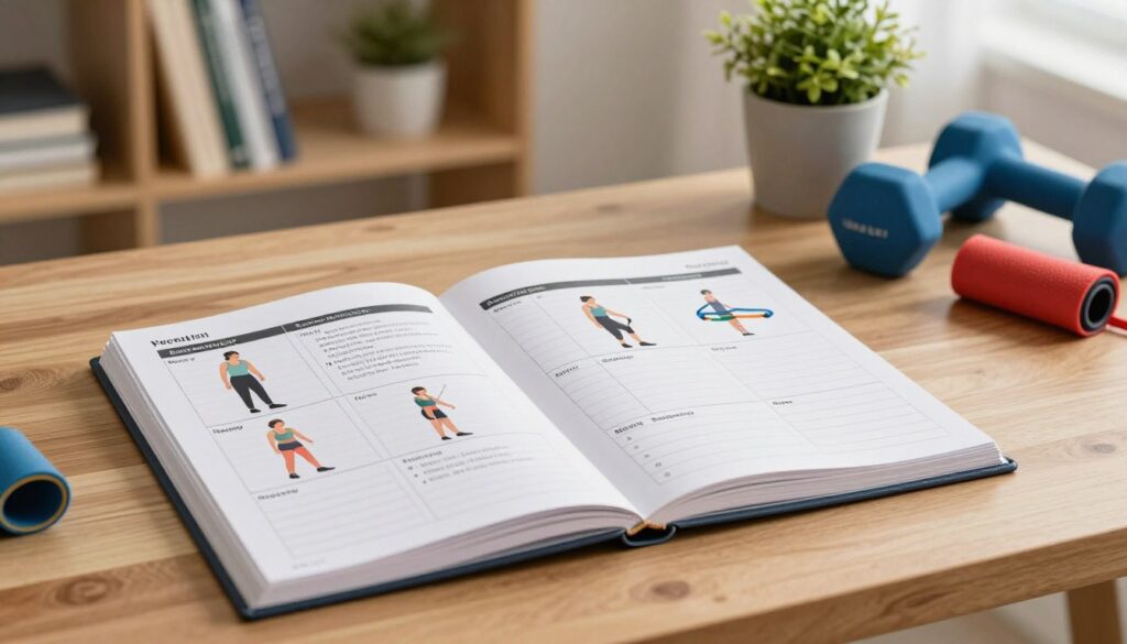 A weekly exercise plan for Achilles tendon rehabilitation, depicted as an organized calendar layout. Foreground: a well-structured planner open on a wooden desk, with weekly sections labeled for different exercises such as stretching, strengthening, and rest days. Middle: a table showing images or icons of exercises, like calf raises and resistance band workouts, alongside notes on decreasing pain and improving mobility. Background: softly lit, motivating space with health-related books on shelves, a plant, and exercise equipment like dumbbells and resistance bands. The atmosphere is positive and focused, enhancing the theme of recovery and dedication, captured with a warm and inviting light, shot from a slightly elevated angle to clearly showcase the exercise plan.