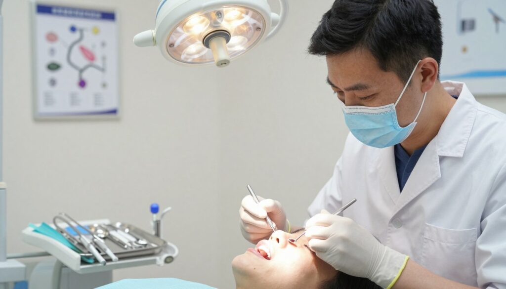 A well-lit dental examination room featuring a dentist examining a patient’s mouth, focusing on a soft, illuminated light above the patient's head. The dentist, dressed in professional medical attire, wears gloves and a mask, holding a dental mirror and probe, looking closely at a white bump on the gum. The patient's lips are slightly parted to reveal the gum area, showing a clear view of the white lump. In the background, dental tools are neatly organized on a tray, and a dental chart is visible on the wall. The atmosphere is clinical and focused, with soft, natural lighting creating a calm environment. The image captures the meticulous attention to detail in oral diagnosis, emphasizing the professionalism of dental health care.