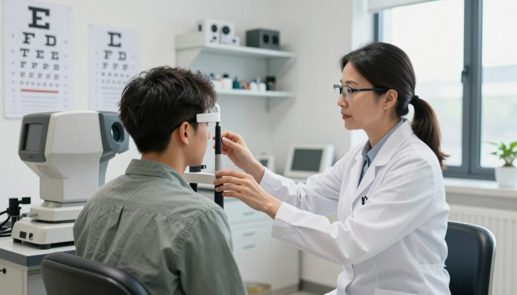 A well-lit medical examination room featuring an optometrist and a patient. The optometrist, a middle-aged woman in a professional white lab coat and glasses, is guiding the patient, a young man in a casual shirt, to sit in an eye examination chair. In the foreground, a modern eye-testing device is prominently displayed, and various vision test charts are on the walls. The middle ground includes shelves with eye care tools and equipment, creating a clinical atmosphere. Soft diffused lighting brings a calm and reassuring mood, while the background shows a window letting in natural light, hinting at a clear day outside, suggesting precision and professionalism in eye examinations.