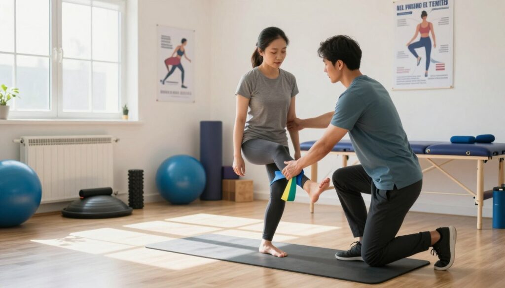 A well-organized physiotherapy session focusing on Achilles tendon rehabilitation. In the foreground, a physical therapist in smart casual attire guides a patient through specific stretching and strengthening exercises, using resistance bands and exercise mats. The patient, dressed in comfortable athleticwear, appears engaged and focused. In the middle ground, a variety of rehabilitation tools are neatly arranged, including foam rollers and balance boards. The background features a bright, well-lit clinic environment with motivational posters on the walls, creating an encouraging atmosphere. Soft natural light filters through large windows, casting gentle shadows. The overall mood is one of hope and determination, emphasizing the importance of starting rehabilitation promptly after an injury.
