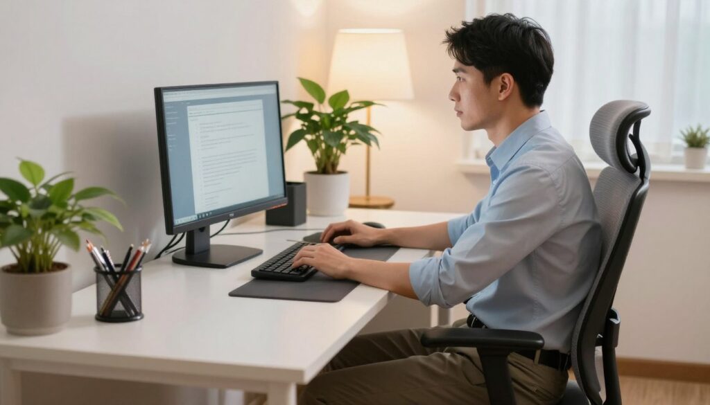 A well-organized workspace featuring a professional adult at a desk, focused on a computer screen. The foreground shows a clean workspace with a soft ergonomic chair, a wrist rest, and a document holder. The middle layer includes a monitor at eye level, an adjustable chair, and a potted plant for a touch of greenery. The background has soft, diffused lighting emanating from a lamp, creating a cozy yet professional atmosphere. The subject is dressed in smart casual attire, maintaining a relaxed but professional appearance. Ensure proper posture is highlighted, with a slight lean forward and feet flat on the floor, emphasizing the importance of good ergonomic practices for eye health around screens. The image should convey a sense of calm and focus, showcasing effective computer working habits. A well-organized workspace featuring a professional adult at a desk, focused on a computer screen. The foreground shows a clean workspace with a soft ergonomic chair, a wrist rest, and a document holder. The middle layer includes a monitor at eye level, an adjustable chair, and a potted plant for a touch of greenery. The background has soft, diffused lighting emanating from a lamp, creating a cozy yet professional atmosphere. The subject is dressed in smart casual attire, maintaining a relaxed but professional appearance. Ensure proper posture is highlighted, with a slight lean forward and feet flat on the floor, emphasizing the importance of good ergonomic practices for eye health around screens. The image should convey a sense of calm and focus, showcasing effective computer working habits.