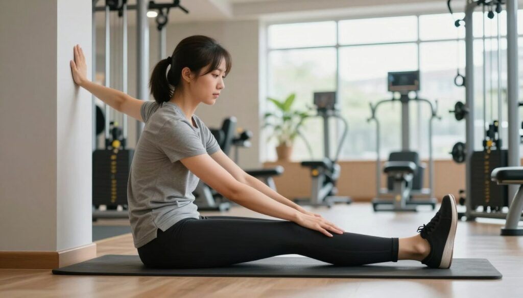 An athletic person, dressed in modest casual activewear, performs a safe Achilles tendon stretching exercise, demonstrating proper technique. The foreground features their focused expression and careful posture as they lean against a wall for support. In the middle ground, a vibrant, well-lit gym environment showcases various fitness equipment, enhancing the scene's context. The background includes large windows with natural light streaming in, creating an inviting atmosphere. The image captures a sense of dedication and safety in stretching practices, emphasizing clear body alignment and mindfulness in the exercise. The mood is positive and encouraging, highlighting the importance of safely stretching the Achilles tendon without any risk of injury.