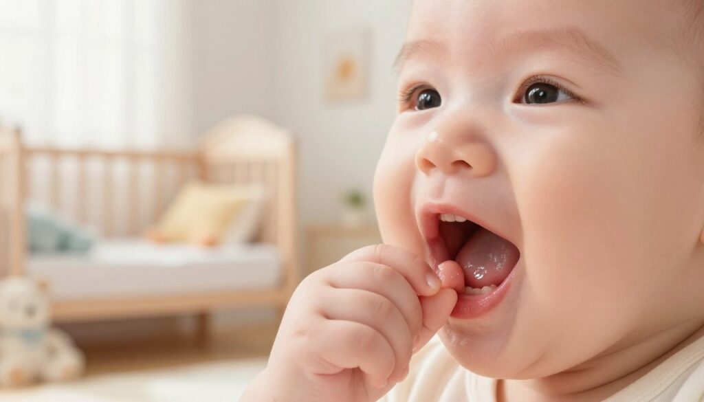 An illustration of a baby's gum showing a tiny white dot, representative of teething. Focus on the baby's open mouth in the foreground, revealing delicate, soft gums with a prominent white spot on one side. The baby should have an innocent, curious expression, reflecting a sense of wonder. In the middle ground, a soothing, softly lit bedroom setting with pastel colors to evoke a calm atmosphere, including a cozy crib and plush toys. The background should have gentle sunlight filtering through sheer curtains, creating a warm and comforting environment. Use a close-up angle, capturing fine details of the baby's gum and the overall serenity of the scene, emphasizing the moment of teething.