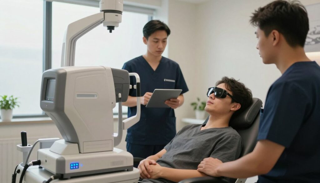 A calm, modern laser eye surgery clinic interior, showcasing a patient in a reclining chair, wearing a protective eye shield. The patient appears relaxed yet curious, with soft, ambient lighting creating a serene atmosphere. In the foreground, a close-up of the advanced laser equipment highlights its sophisticated design and blinking control panel. In the middle, medical staff, dressed in scrubs, are attentively monitoring the procedure, conveying professionalism and care. The background features large windows allowing natural light to flood in, with minimalistic decor that emphasizes cleanliness and tranquility. The overall mood is one of reassurance and comfort, capturing the patient's experience during the laser eye correction procedure.