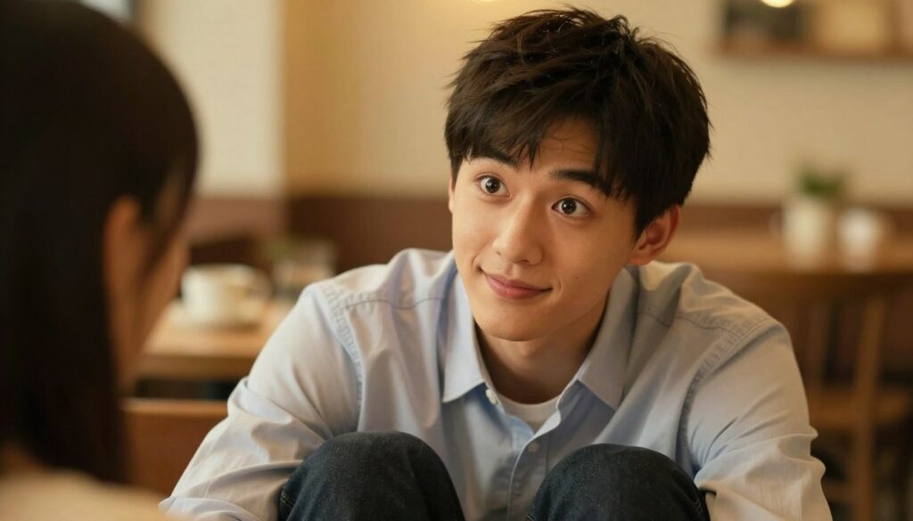 A captivated young man gazes intently, his expression a mix of admiration and curiosity. He has short, dark hair styled neatly, dressed in a casual yet polished outfit, like a fitted dress shirt and dark jeans. His eyes are wide, sparkling with interest, reflecting a warm light that emphasizes the charm of his features. In the foreground, his face is slightly turned, showcasing a subtle smile as he watches someone just out of frame. The background is softly blurred, depicting a cozy café setting with soft, ambient lighting casting a golden hue. The overall mood is romantic and intriguing, capturing the essence of admiration and enchantment in a comfortable atmosphere.