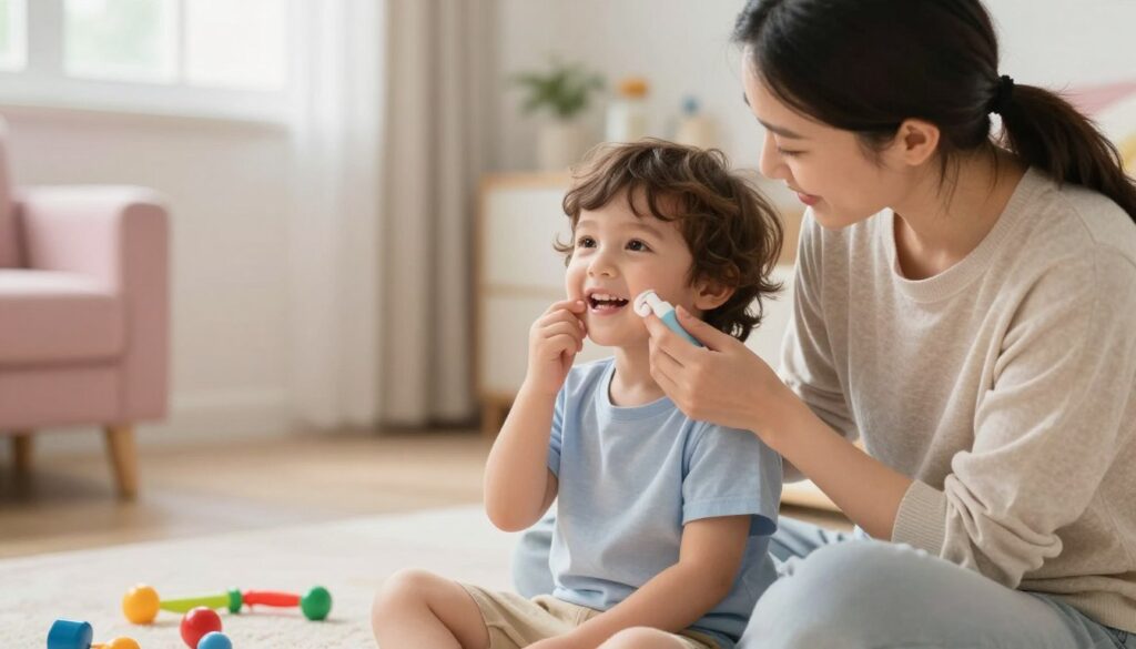A caring parent gently applying a soothing gel to their child's gums, focusing on a cozy home environment. The child, around three years old, has a joyful expression, sitting on a soft rug with colorful toys around. The parent wears comfortable, casual clothing, conveying warmth and safety. In the background, there are cheerful pastel colors with soft lighting filtering through a window, enhancing the calming atmosphere. The composition is at eye-level to emphasize the connection between the parent and child, capturing a nurturing moment. The image should evoke feelings of care and tenderness, emphasizing the importance of safe oral care for young children.