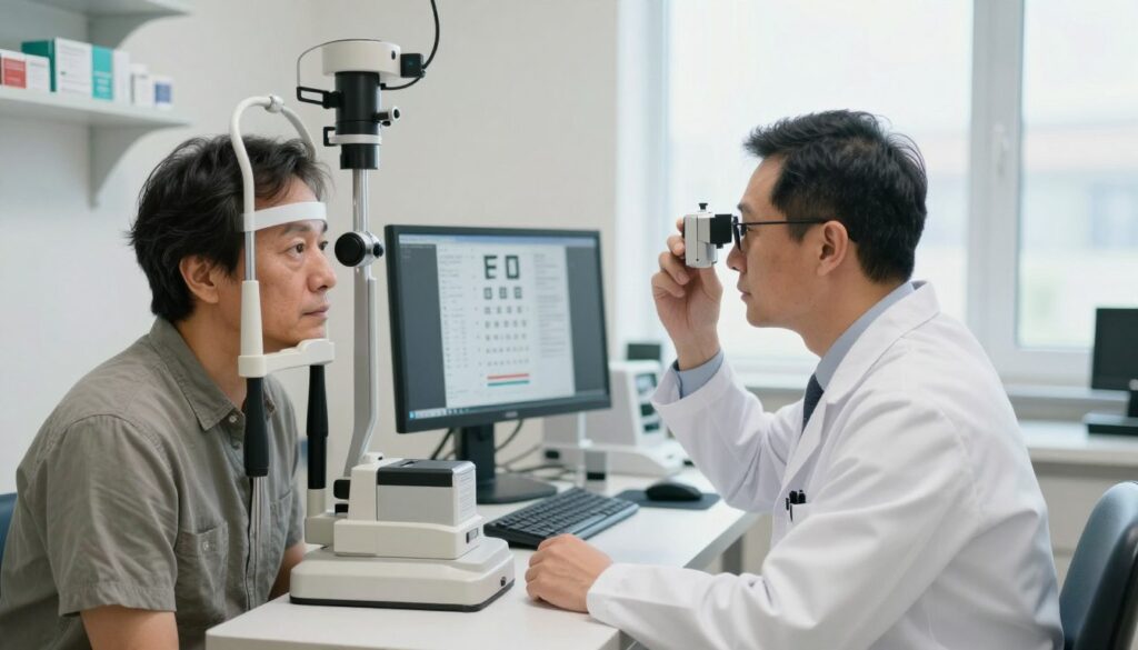 A clinical setting with a focus on eye examination, featuring an optometrist and a patient in a well-lit room. In the foreground, the optometrist, dressed in a white lab coat and professional attire, is examining the patient's eyes using a phoropter. The patient, a middle-aged person in modest casual clothing, appears attentive and calm. In the middle ground, there's a computer workstation displaying eye charts and diagnostic tools, showcasing a modern optometry environment. The background includes shelves with eye care products and a large window letting in soft, natural light, creating an inviting and reassuring atmosphere. The overall mood is professional and focused, emphasizing the importance of eye health and diagnostics.