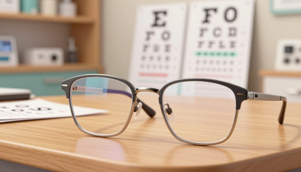 A close-up illustration of a pair of stylish eyeglasses on a wooden desk. The lenses should reflect a subtle gradient, indicating correction for both nearsightedness and farsightedness. In the foreground, focus on the eyeglasses, capturing the intricate details of the frame—sleek metal rims and a smooth finish. In the middle ground, softly blurred, include a pair of open eye charts, each highlighting letters of different sizes, illustrating the concept of visual correction. In the background, a softly lit optometry clinic, with shelves of optical equipment and calming colors that give a professional yet welcoming atmosphere. The lighting should be warm and inviting, suggesting a reassuring environment for eye examinations. The mood should feel educational and informative, emphasizing the importance of dual vision correction.