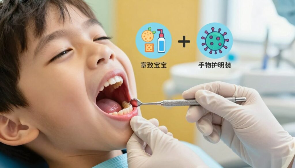 A close-up image depicting the causes of gum inflammation in children. In the foreground, a dentist's hand examines a child's open mouth, showcasing healthy gums and signs of inflammation, with a gloved hand holding a dental tool. In the middle background, illustrations of common risk factors such as sugary snacks, poor oral hygiene products, and viral pathogens are visually represented, using colorful icons for clarity. The backdrop features a bright, welcoming dental office with cheerful colors, soft natural light filtering in through a window to create a warm, inviting atmosphere. The image should evoke a sense of care and professionalism, highlighting the importance of dental health in children.