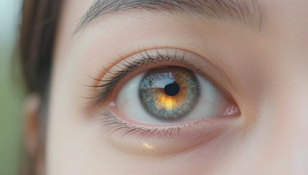 A close-up image of a person's eye with dramatic detail, emphasizing the intricate patterns and colors of the iris, showcasing a remarkable and sudden improvement in vision. The foreground features the eye sharply focused, with the eyelashes and skin surrounding it softly blurred, providing a sense of depth. In the middle, a gentle glow emanates from the eye, symbolizing clarity and enhanced vision. The background should be softly blurred, depicting a calm and serene environment, perhaps with hints of nature to convey health and wellness. Use soft, natural lighting to enhance the mood, creating a sense of hope and alertness. The overall atmosphere should feel uplifting and reassuring, inviting the viewer to consider eye health seriously.