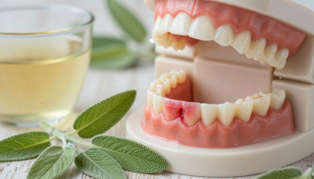 A close-up image of inflamed gums, clearly showing signs of gum disease with a vivid reddish hue, swollen texture, and slight bleeding. In the foreground, a delicate infusion of fresh sage leaves, highlighting its medicinal properties, placed beside a small glass of warm sage tea. The middle ground features an open mouth model showcasing the irritation of the gums, with a focus on the gum line. The background includes soft, diffused lighting to create a calm and soothing atmosphere, evocative of a healing environment, with hints of a rustic kitchen setting. The overall mood should convey care and remedy, emphasizing the natural approach to treating gum inflammation. A close-up image of inflamed gums, clearly showing signs of gum disease with a vivid reddish hue, swollen texture, and slight bleeding. In the foreground, a delicate infusion of fresh sage leaves, highlighting its medicinal properties, placed beside a small glass of warm sage tea. The middle ground features an open mouth model showcasing the irritation of the gums, with a focus on the gum line. The background includes soft, diffused lighting to create a calm and soothing atmosphere, evocative of a healing environment, with hints of a rustic kitchen setting. The overall mood should convey care and remedy, emphasizing the natural approach to treating gum inflammation.