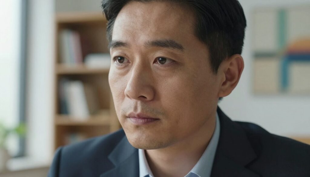 A close-up image that captures a man's face, focusing on his eyes and expression. The man, dressed in professional business attire, sits in a well-lit office environment, with soft natural light filtering through a window. His gaze is directed slightly away from the viewer, conveying a sense of introspection or contemplation. The background features a blurred bookshelf and an abstract painting, adding depth while maintaining focus on the subject. The mood is thoughtful and inviting, highlighting the nuances of body language and eye contact. The camera angle is at eye level, emphasizing the emotional depth in the man's gaze and subtle expressions.