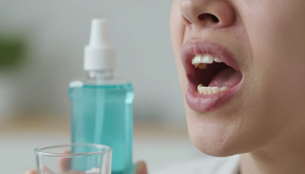 A close-up of a dental scene focusing on a person rinsing their mouth with a mouthwash, displaying an expression of discomfort due to pain and swelling around the gums near a wisdom tooth. The foreground features the person's mouth slightly open, showcasing the affected area, with clear visibility of swollen gums and teeth. The middle ground includes a bottle of mouthwash and a small glass, emphasizing the home remedy aspect. The background is softly blurred to maintain focus on the mouth and the mouthwash. Soft, natural lighting illuminates the scene, creating a calming atmosphere while still conveying the urgency of alleviating discomfort. The composition should evoke a sense of relief and care.