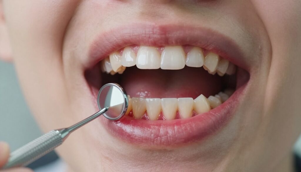 A close-up of a human mouth displaying swollen, irritated gums, showcasing a vivid contrast between the inflamed gum tissue and the surrounding healthy areas of the teeth. The foreground should focus on the detailed texture of the gums, highlighting redness and slight bleeding. The middle ground can include a dental tool, such as a tongue depressor or mirror, to emphasize the context of dental care. The background should be blurred to create a sterile, clinical environment, suggesting a dental office. Soft, natural lighting should enhance the visibility of the irritation without harsh shadows, while a shallow depth of field brings emphasis to the gums and tools, creating an atmosphere of concern and professional care.