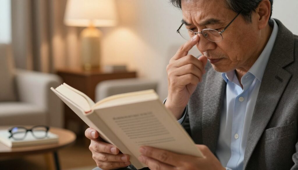 A close-up of a middle-aged person in professional attire, holding a book at arm's length, squinting slightly to read the text. The foreground features their hands gently struggling to focus the text, while the middle ground shows blurred letters on the page, indicating difficulty in comprehension. The background softly fades into a cozy living room setting with warm lighting, showcasing a comfortable armchair, a side table with reading glasses, and a decorative lamp casting a soft glow. The overall atmosphere should feel introspective, illustrating the challenges of presbyopia after forty. The scene should evoke a sense of warmth and relatability, avoiding any distracting elements. A close-up of a middle-aged person in professional attire, holding a book at arm's length, squinting slightly to read the text. The foreground features their hands gently struggling to focus the text, while the middle ground shows blurred letters on the page, indicating difficulty in comprehension. The background softly fades into a cozy living room setting with warm lighting, showcasing a comfortable armchair, a side table with reading glasses, and a decorative lamp casting a soft glow. The overall atmosphere should feel introspective, illustrating the challenges of presbyopia after forty. The scene should evoke a sense of warmth and relatability, avoiding any distracting elements.