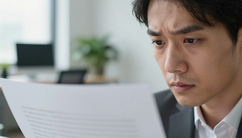 A close-up of a person gazing intently at a blurred text on a sheet of paper in a bright, softly lit office environment. The foreground features the person's focused eyes showing a hint of confusion, wearing professional attire. In the middle ground, the out-of-focus text represents the visual disturbance, with clear letters gradually fading into a fuzzy, indistinct form. The background consists of a modern workspace with a computer, plants, and soft natural light streaming through a window, creating a calm yet slightly unsettling atmosphere. The lighting highlights the details in the eyes, emphasizing the concentration struggle, while maintaining a professional tone. Use a shallow depth of field to draw attention to the eyes and the blurred text.