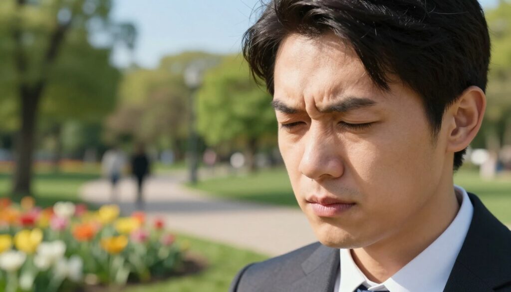 A close-up of a person in their early thirties, wearing professional business attire, squinting at a distant object in a park setting. The individual exhibits signs of nearsightedness, such as narrowed eyes and a furrowed brow, giving a sense of concentration. In the foreground, a blurred scene of colorful flowers and greenery that contrasts with the focused expression of the subject. In the middle ground, a soft-focus view of distant trees and a walking path that highlights the challenge of seeing far away. The background features a clear blue sky with sunlight filtering through the leaves, creating a warm and inviting atmosphere. The overall image embodies a mix of slight frustration and the everyday reality of living with nearsightedness.