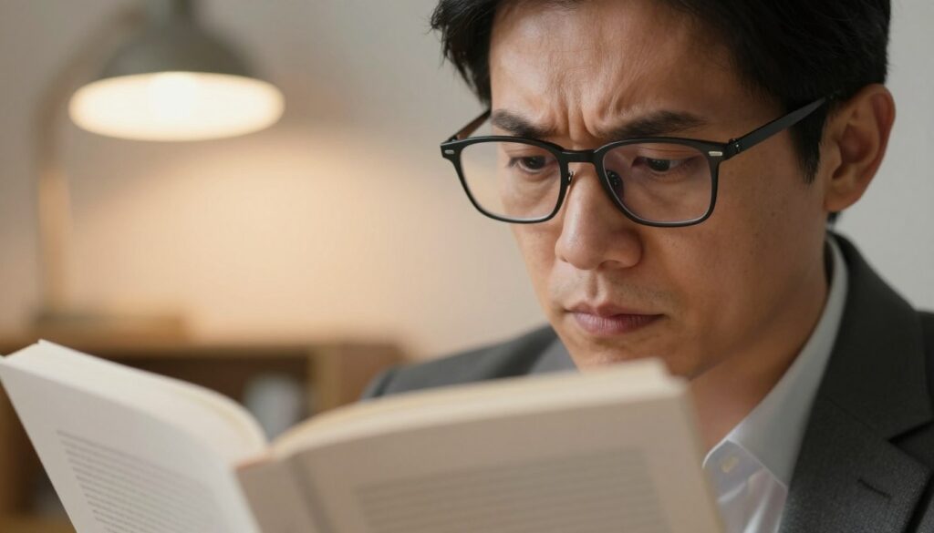 A close-up of a person wearing reading glasses, looking concerned while reading a book in a cozy, well-lit room. The foreground focuses on the person’s face, capturing the signs of discomfort in their eyes. In the middle, there’s an open book with printed text, with the pages slightly blurred to emphasize the reader’s strained expression. The background features soft, warm lighting from a desk lamp, casting gentle shadows and creating an inviting atmosphere. The individual is dressed in professional business attire, conveying a serious tone. The mood is contemplative, encouraging viewers to reflect on the impact of constant eyeglass use. A close-up of a person wearing reading glasses, looking concerned while reading a book in a cozy, well-lit room. The foreground focuses on the person’s face, capturing the signs of discomfort in their eyes. In the middle, there’s an open book with printed text, with the pages slightly blurred to emphasize the reader’s strained expression. The background features soft, warm lighting from a desk lamp, casting gentle shadows and creating an inviting atmosphere. The individual is dressed in professional business attire, conveying a serious tone. The mood is contemplative, encouraging viewers to reflect on the impact of constant eyeglass use.