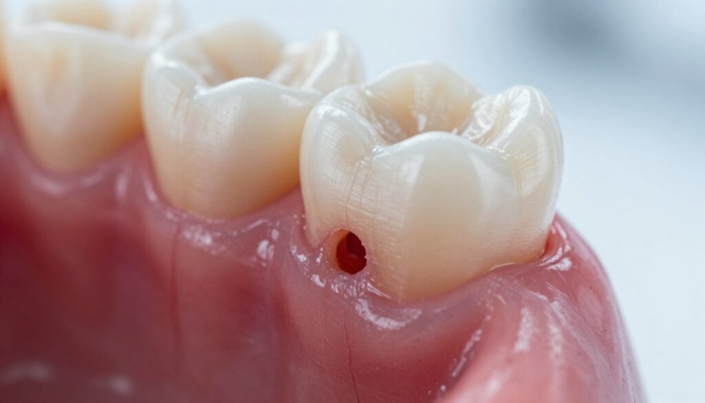 A close-up view of a human gum, depicting a small hole near a tooth to illustrate dental issues. The foreground features a detailed and realistic representation of inflamed gum tissue, with shades of pink and red highlighting the irritation, and the hole appearing slightly darker. In the middle ground, a tooth is visible, showing typical signs of decay with a focus on the textures and contours. The background is softly blurred to emphasize the dental area, creating a clinical atmosphere. Use bright, natural lighting to enhance the visibility of details, emulating a dental examination setting. The overall mood should be educational and informative, guiding the viewer's understanding of gum health. A close-up view of a human gum, depicting a small hole near a tooth to illustrate dental issues. The foreground features a detailed and realistic representation of inflamed gum tissue, with shades of pink and red highlighting the irritation, and the hole appearing slightly darker. In the middle ground, a tooth is visible, showing typical signs of decay with a focus on the textures and contours. The background is softly blurred to emphasize the dental area, creating a clinical atmosphere. Use bright, natural lighting to enhance the visibility of details, emulating a dental examination setting. The overall mood should be educational and informative, guiding the viewer's understanding of gum health.