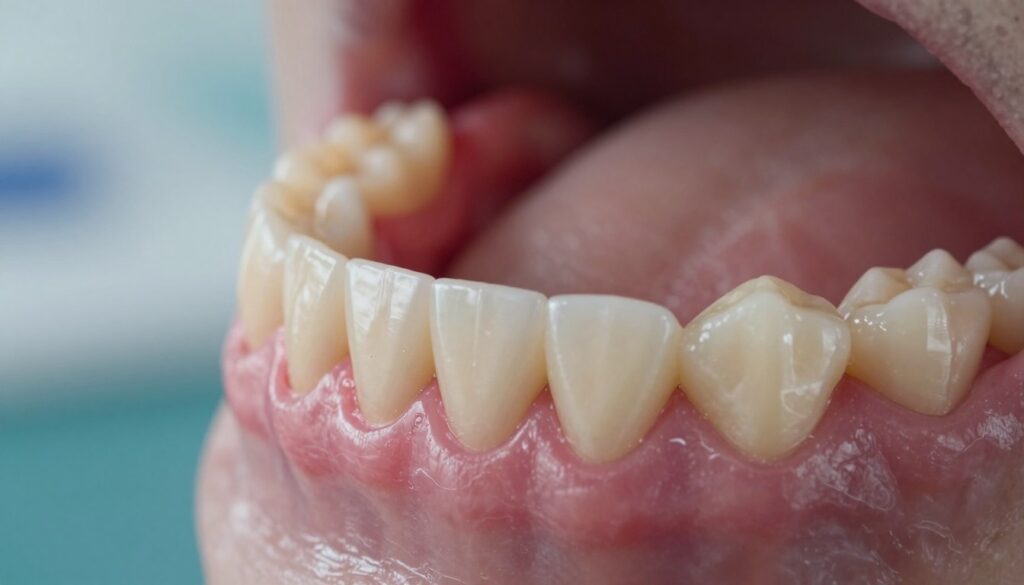 A close-up view of a human jaw illustrating the dental area, with a focus on an impacted wisdom tooth partially emerging through the gums. The foreground features a healthy set of teeth alongside the slightly swollen, red gum tissue around the affected area. In the middle, anatomical details like the tooth’s roots and surrounding soft tissue are highlighted, showcasing the pressure and inflammation. The background is softly blurred to emphasize the main focus, with subtle gradients of dental office colors for a calm, clinical atmosphere. Use soft, natural lighting to enhance the textures and contours, capturing the complexity of dental health while maintaining a professional and educational mood. Aim for an angle that allows viewers to see the tooth's position clearly from a slight above perspective.