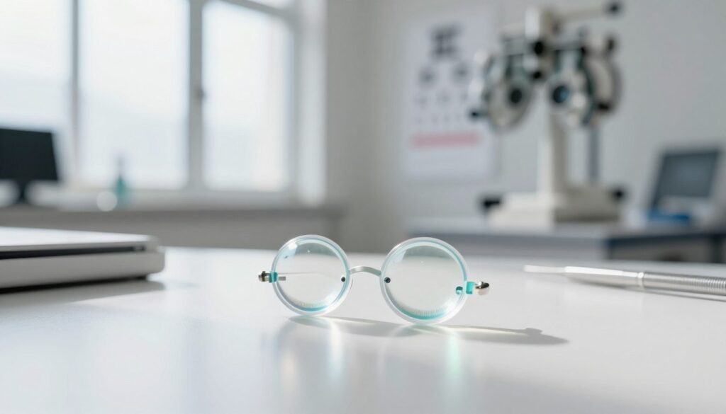 A close-up view of a pair of contact lenses placed on a clean, reflective surface, surrounded by professional optometry tools like a phoropter and eye charts. In the background, softly out of focus, a well-lit optometry office with a bright, modern aesthetic. The atmosphere conveys clarity and precision, symbolizing the importance of vision correction. Natural lighting streams in through a window, casting soft shadows that enhance the scene's depth. The composition emphasizes the contact lenses as the focal point, showcasing their transparency and detail, with a hint of scientific professionalism in the setting. This image should evoke a sense of trust and reliability in optical care.