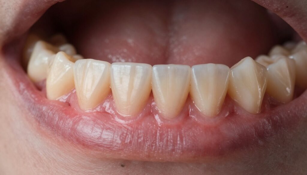 A close-up view of a patient's lower jaw, vividly illustrating an inflamed gum surrounding a wisdom tooth. The focus is on the swollen gum tissue, showcasing redness and tenderness, with the wisdom tooth partially visible in the background. The foreground captures intricate details of the gum's texture and the contrast with the adjacent teeth. Soft, diffused lighting enhances the sensory details while maintaining a clinical atmosphere. The angle is slightly tilted to create depth, with a shallow depth of field blurring the background lightly. Overall, the mood is serious and informative, emphasizing dental health. The image is free of any text, captions, or watermarks.