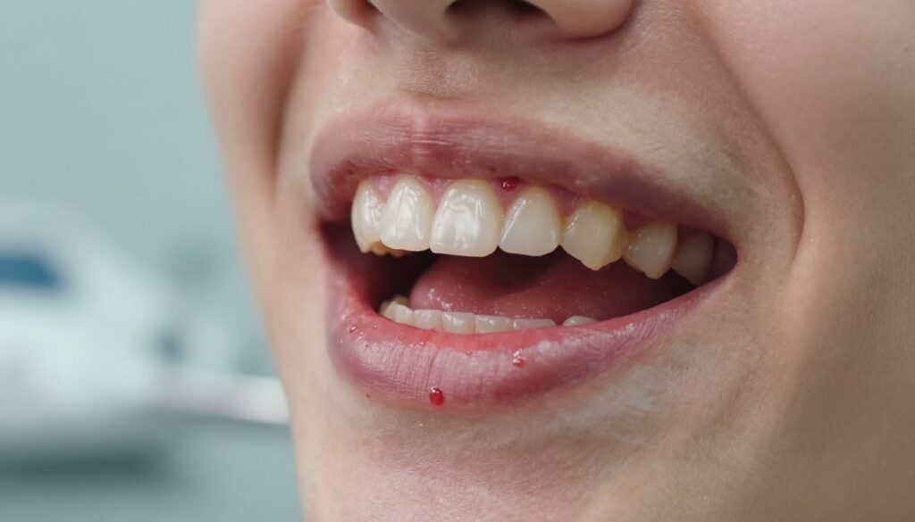 A close-up view of a person's mouth showcasing inflamed gums and slight bleeding between the teeth. The foreground focuses on the details of the gums, highlighting their redness and the minuscule blood droplets. The middle ground features the teeth, which are clean yet show signs of dental issues. In the background, there's a softly blurred dental setting, suggesting a clinic atmosphere with dental tools subtly visible. Soft, natural lighting illuminates the subject, creating a clinical yet approachable mood. The angle is slightly tilted to emphasize the gums while keeping the surrounding environment recognizable, emphasizing the importance of dental health and hygiene in relation to systemic health issues. The image should evoke a sense of concern and awareness. A close-up view of a person's mouth showcasing inflamed gums and slight bleeding between the teeth. The foreground focuses on the details of the gums, highlighting their redness and the minuscule blood droplets. The middle ground features the teeth, which are clean yet show signs of dental issues. In the background, there's a softly blurred dental setting, suggesting a clinic atmosphere with dental tools subtly visible. Soft, natural lighting illuminates the subject, creating a clinical yet approachable mood. The angle is slightly tilted to emphasize the gums while keeping the surrounding environment recognizable, emphasizing the importance of dental health and hygiene in relation to systemic health issues. The image should evoke a sense of concern and awareness.