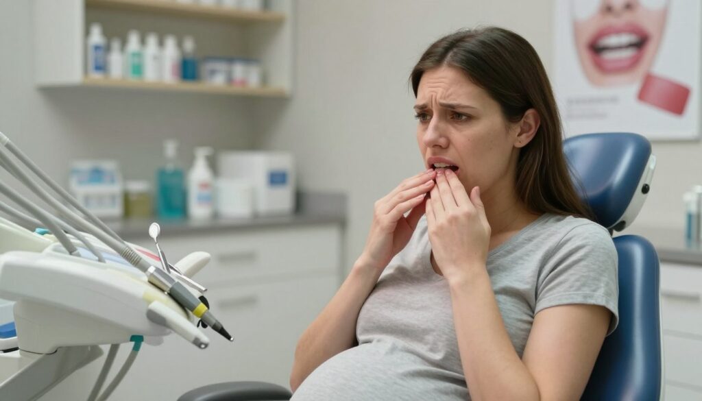 A close-up view of a pregnant woman in a calm dental office, holding her jaw with a concerned expression, depicting the discomfort of pregnancy gingivitis. In the foreground, focus on a dental examination chair and dental tools arranged neatly. In the middle ground, the woman is seated, dressed in modest casual clothing, with soft, warm lighting highlighting her face and emphasizing her worry. The background features shelves with dental care products and posters about oral health during pregnancy, creating an informative atmosphere. The overall mood is a mix of concern and professionalism, conveying the importance of oral care during pregnancy while illustrating the specific issue of gingival inflammation.