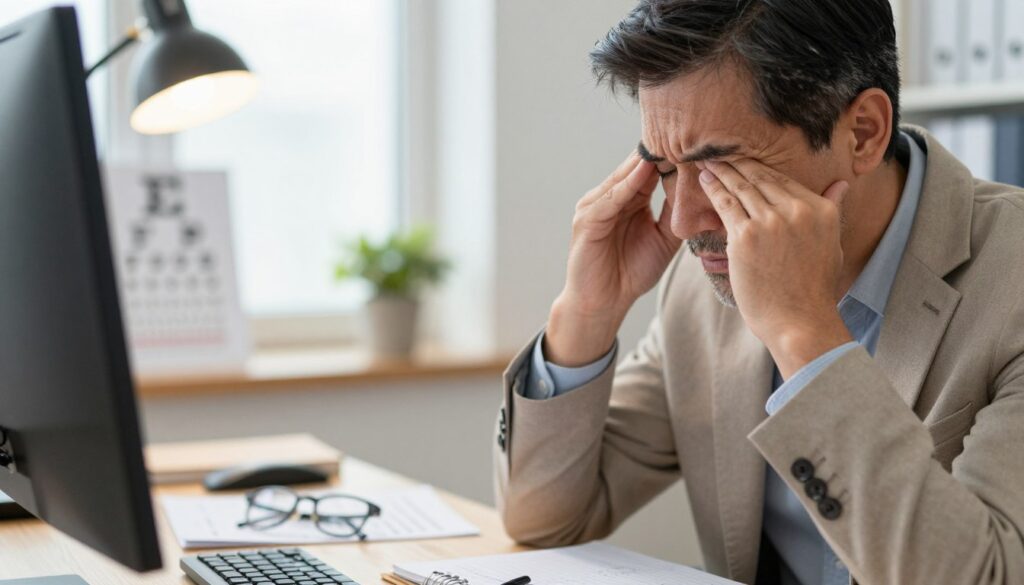 A close-up view of a well-lit office environment depicting a middle-aged person wearing professional business attire, slightly squinting at a computer screen. Emphasize their facial expression to highlight discomfort, illustrating the symptom of hyperopia. In the foreground, include a blurred desk cluttered with reading glasses, an open eye chart, and a notebook filled with notes to signify visual strain. In the background, softly focus on bright office lighting and a window with natural light filtering through, enhancing the feeling of daily life. Use a warm color palette to convey a relatable atmosphere, aiming for a realistic and engaging portrayal of the challenges faced by individuals with hyperopia in everyday tasks. A close-up view of a well-lit office environment depicting a middle-aged person wearing professional business attire, slightly squinting at a computer screen. Emphasize their facial expression to highlight discomfort, illustrating the symptom of hyperopia. In the foreground, include a blurred desk cluttered with reading glasses, an open eye chart, and a notebook filled with notes to signify visual strain. In the background, softly focus on bright office lighting and a window with natural light filtering through, enhancing the feeling of daily life. Use a warm color palette to convey a relatable atmosphere, aiming for a realistic and engaging portrayal of the challenges faced by individuals with hyperopia in everyday tasks.