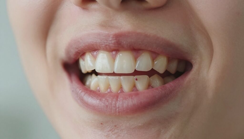 A close-up view of an adult's mouth showcasing early symptoms of gum recession, with a focus on the receding gum lines revealing the roots of the teeth. The foreground features a clear and detailed depiction of the gums and teeth, with emphasis on discoloration and inflammation typical in such conditions. The background should be softly blurred to emphasize the mouth, with a soft natural light illuminating the scene, highlighting the contours and textures of the gums and teeth. Capture this from a slightly angled perspective to create depth. The overall mood should be clinical yet educational, reflecting the importance of oral health awareness, without any distractions or disturbances in the image.