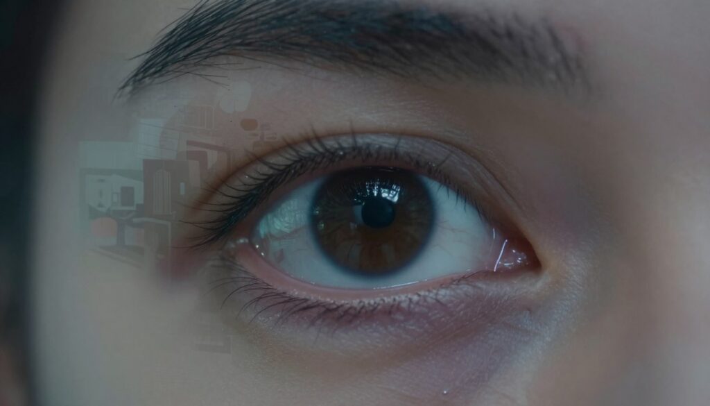 A close-up view of an eye experiencing visual disturbances, capturing a feeling of anxiety and stress. The foreground shows the eye with a slightly blurred effect, embodying conditions such as tunnel vision or visual snow. In the middle, soft overlays of abstract shapes and colors represent chaotic thoughts, creating a surreal atmosphere. The background features a blurred image of an office environment, hinting at a professional setting to convey context. The lighting is soft and slightly dim, evoking a sense of unease, while cool color tones like blues and grays dominate, emphasizing the emotional impact of nerve-related visual disorders. The overall mood is introspective, illustrating the connection between anxiety and vision problems.