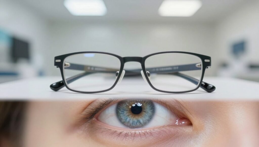 A close-up view of an eye, showcasing its clarity and sharpness, is set against a blurred background of an optometrist's clinic. The foreground highlights the vivid details of the eye's iris, capturing various hues of blue and green, with reflection patterns that suggest a light source. In the middle ground, a pair of professional-looking eyeglasses lays on an examination table, subtly hinting at vision assessment tools surrounding it. The background features soft, diffused lighting from overhead lamps, creating a calm atmosphere, indicative of medical precision. The image should evoke a sense of professionalism and clarity, capturing the importance of good eyesight in a visually appealing manner. No text or signs present.