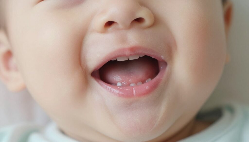 A close-up view of an infant's mouth, highlighting mild oral thrush characterized by soft, white patches on the gums and tongue. The baby is gently smiling, displaying a serene and healthy demeanor, showcasing the contrast of the white lesions against rosy pink gums. The scene is illuminated with soft, natural light to create a warm and inviting atmosphere. A blurred background of pastel colors adds a comforting feel, emphasizing the focal point of the baby’s mouth. The image should be captured from a slightly elevated angle, ensuring clarity and detail in the oral cavity without any distractions. No text, captions, or watermarks should be included.