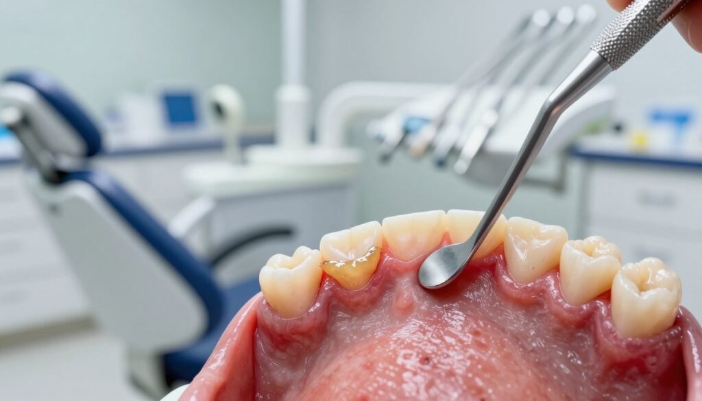 A close-up view of an inflamed gum line showcasing distinct signs of "purulent inflammation," highlighting swollen, red gums with visible yellowish pus at key areas. The foreground features a dental probe gently examining the affected area, reflecting a clinical setting. In the middle ground, a dental chair and tools subtly suggest a dentist's office atmosphere, while the background includes a softly lit consultation room, creating a sense of urgency. Natural lighting emphasizes the textures of the swollen gums and the dental tools. The mood is clinical and serious, aiming to convey the importance of dental health and the need for professional attention. Aim for a realistic, detailed representation, avoiding any human subjects in the image.