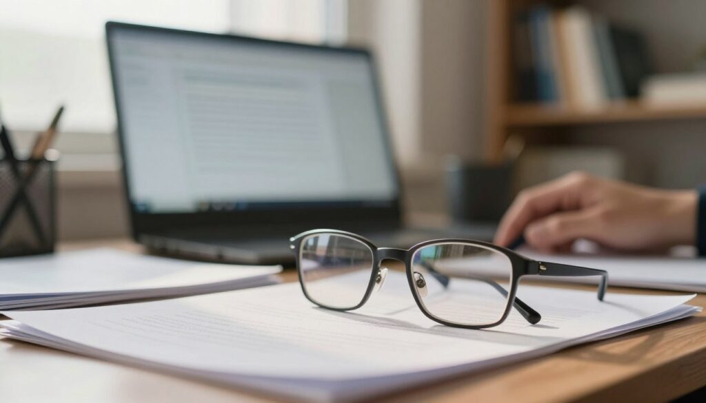 A close-up view of an office desk showcasing the perspective of a person with hyperopia, emphasizing difficulty in focusing on nearby objects. In the foreground, a pair of reading glasses rests beside various documents blurred at the edges, representing the struggle to read fine print. The middle background includes a soft-focus image of a computer screen displaying text that appears fuzzy and distant. In the far background, a softly lit room with muted colors presents shelves filled with books, symbolizing the additional challenges faced. The scene is warmly lit with a gentle, afternoon sun filtering through a window, creating a reflective and thoughtful atmosphere, highlighting the concept of distant vision loss. A close-up view of an office desk showcasing the perspective of a person with hyperopia, emphasizing difficulty in focusing on nearby objects. In the foreground, a pair of reading glasses rests beside various documents blurred at the edges, representing the struggle to read fine print. The middle background includes a soft-focus image of a computer screen displaying text that appears fuzzy and distant. In the far background, a softly lit room with muted colors presents shelves filled with books, symbolizing the additional challenges faced. The scene is warmly lit with a gentle, afternoon sun filtering through a window, creating a reflective and thoughtful atmosphere, highlighting the concept of distant vision loss.